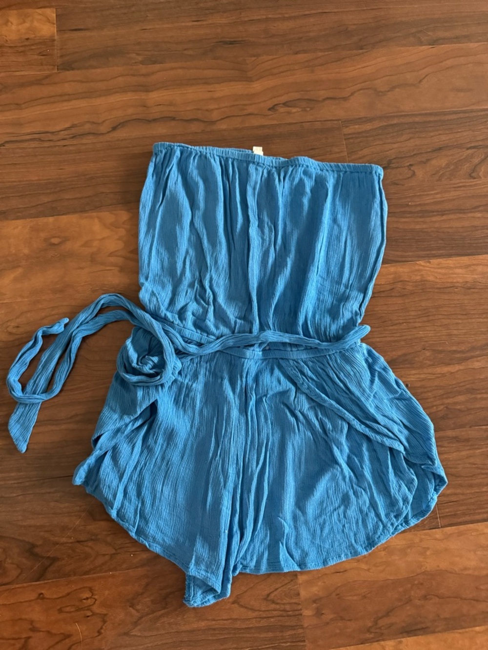Strapless Blue Romper with Tie Waist